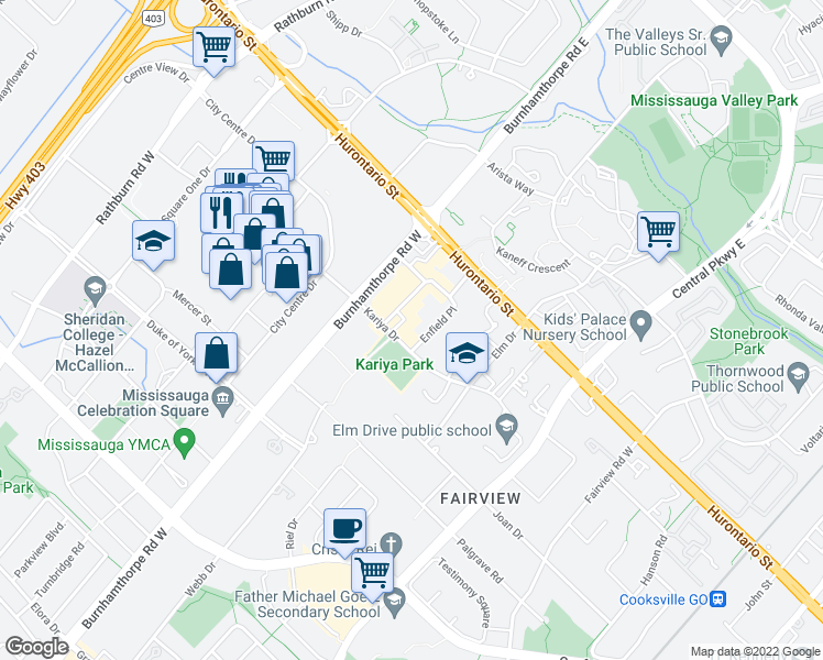 map of restaurants, bars, coffee shops, grocery stores, and more near 3605 Kariya Drive in Mississauga