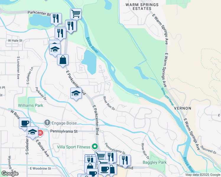 map of restaurants, bars, coffee shops, grocery stores, and more near 1909 Lake Heron Lane in Boise
