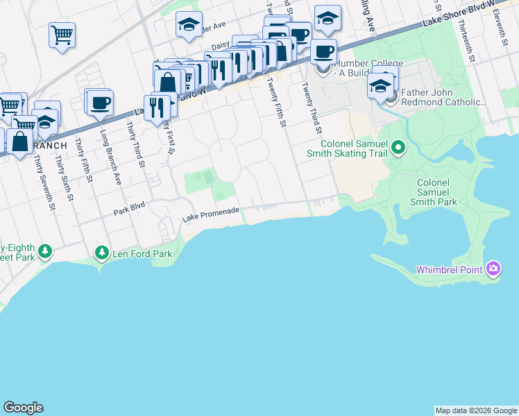 map of restaurants, bars, coffee shops, grocery stores, and more near 99 Lake Promenade in Toronto