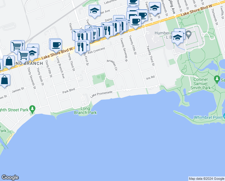 map of restaurants, bars, coffee shops, grocery stores, and more near 130 Lake Promenade in Toronto