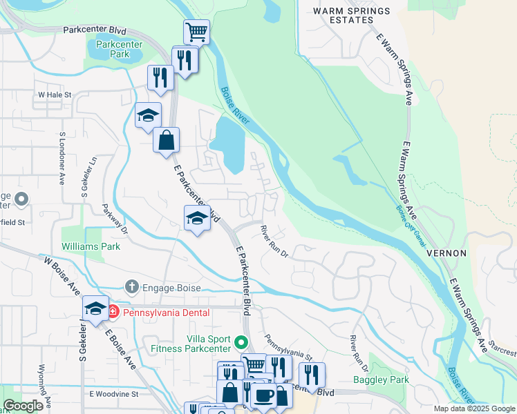 map of restaurants, bars, coffee shops, grocery stores, and more near 1909 Lake Heron Lane in Boise