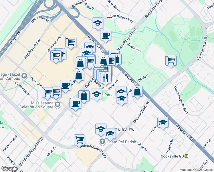 map of restaurants, bars, coffee shops, grocery stores, and more near in Mississauga