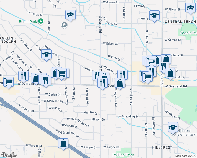 map of restaurants, bars, coffee shops, grocery stores, and more near 5816 West Overland Road in Boise