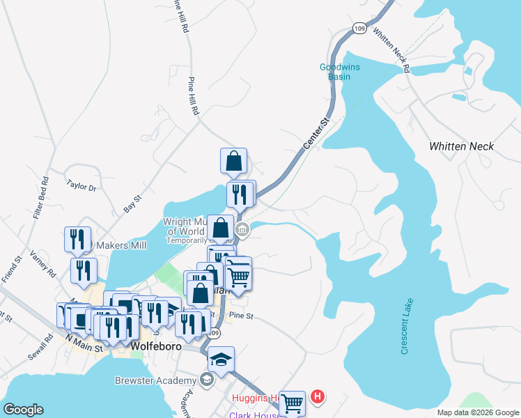 map of restaurants, bars, coffee shops, grocery stores, and more near 15 River Street in Wolfeboro