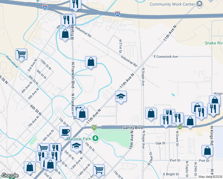 map of restaurants, bars, coffee shops, grocery stores, and more near 727 Stampede Drive in Nampa