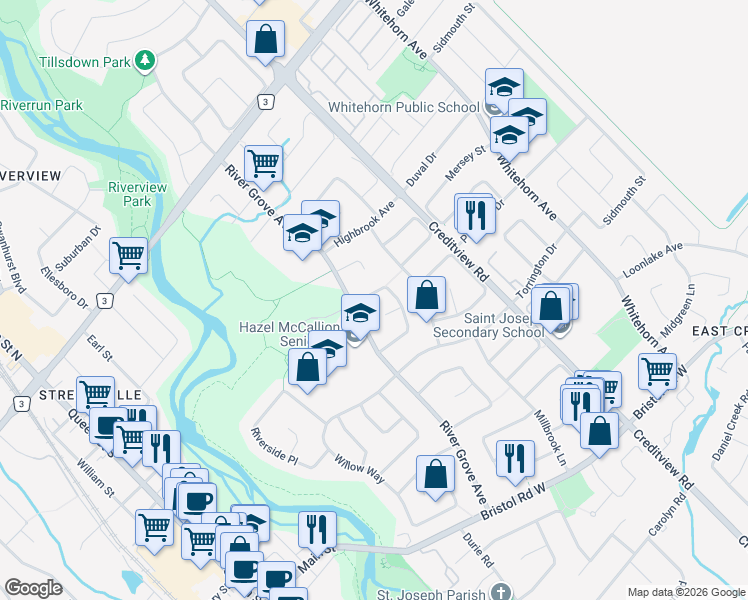 map of restaurants, bars, coffee shops, grocery stores, and more near 5814 Riverdale Crescent in Mississauga