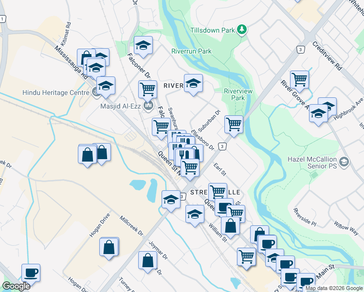 map of restaurants, bars, coffee shops, grocery stores, and more near 23 Swanhurst Boulevard in Mississauga