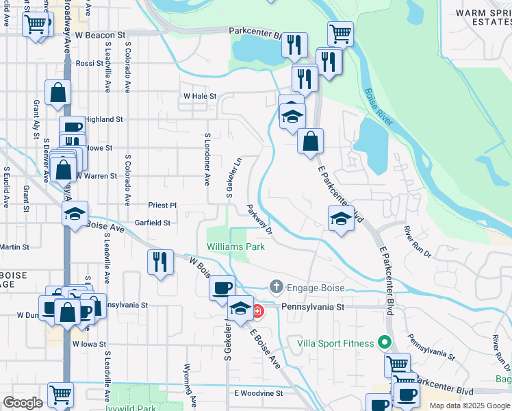 map of restaurants, bars, coffee shops, grocery stores, and more near 145 East Williams Street in Boise