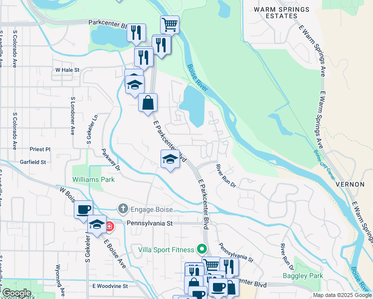 map of restaurants, bars, coffee shops, grocery stores, and more near 671 East Riverpark Lane in Boise