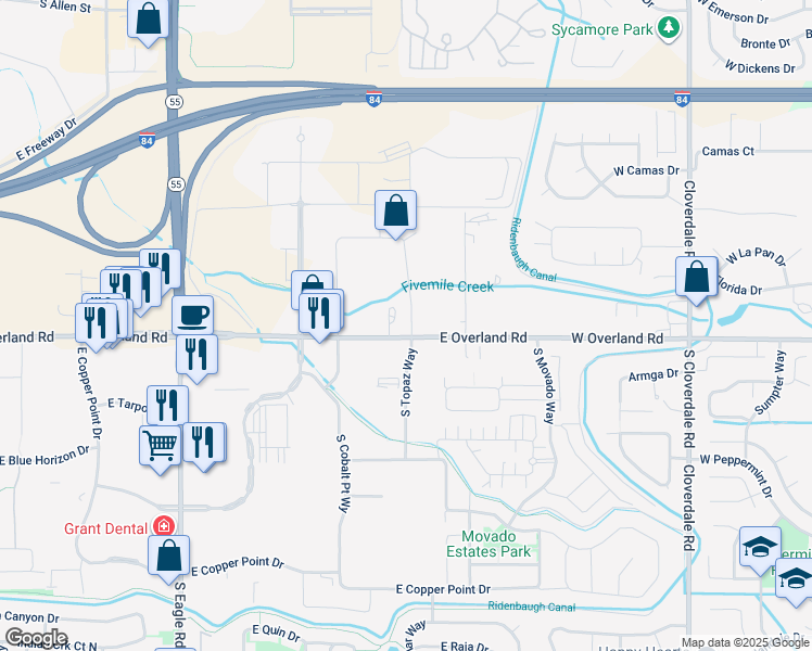map of restaurants, bars, coffee shops, grocery stores, and more near 1545 South Topaz Avenue in Meridian