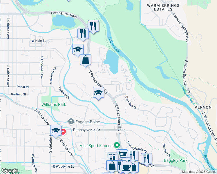 map of restaurants, bars, coffee shops, grocery stores, and more near 954 East Parkcenter Boulevard in Boise