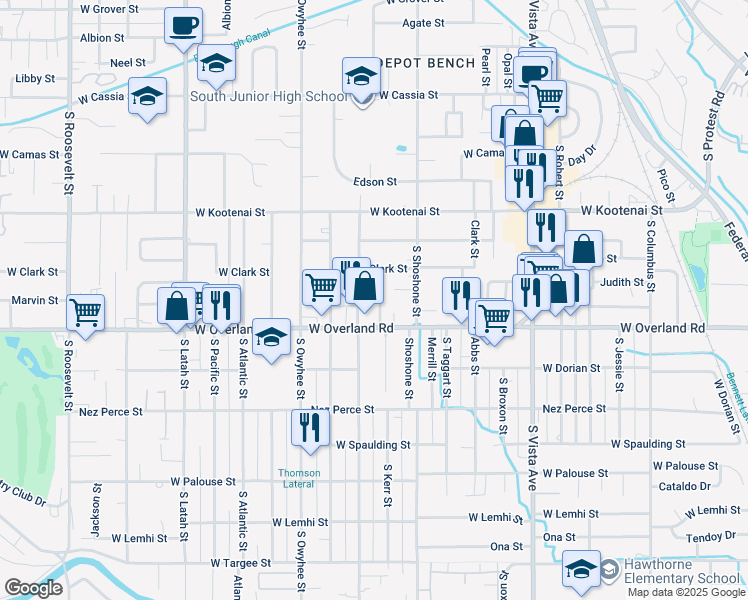 map of restaurants, bars, coffee shops, grocery stores, and more near 3018 West Overland Road in Boise