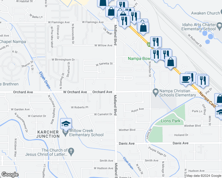 map of restaurants, bars, coffee shops, grocery stores, and more near 621 North Midland Boulevard in Nampa