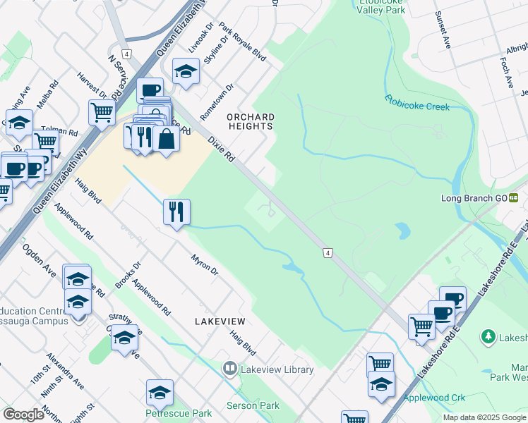 map of restaurants, bars, coffee shops, grocery stores, and more near in Mississauga