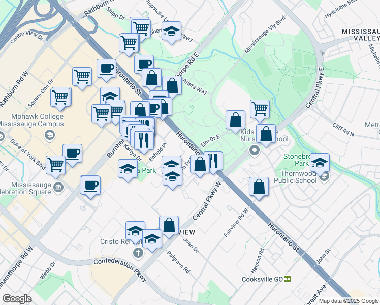 map of restaurants, bars, coffee shops, grocery stores, and more near 30 Elm Drive in Mississauga