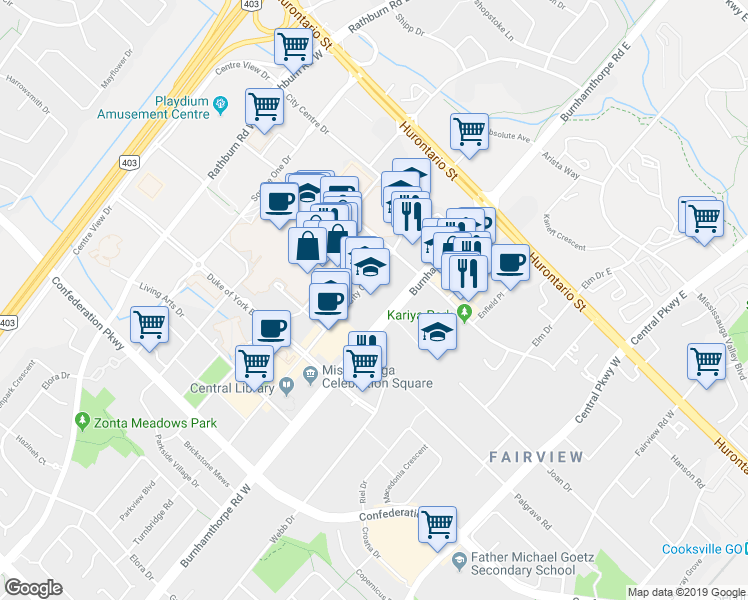 map of restaurants, bars, coffee shops, grocery stores, and more near in Mississauga