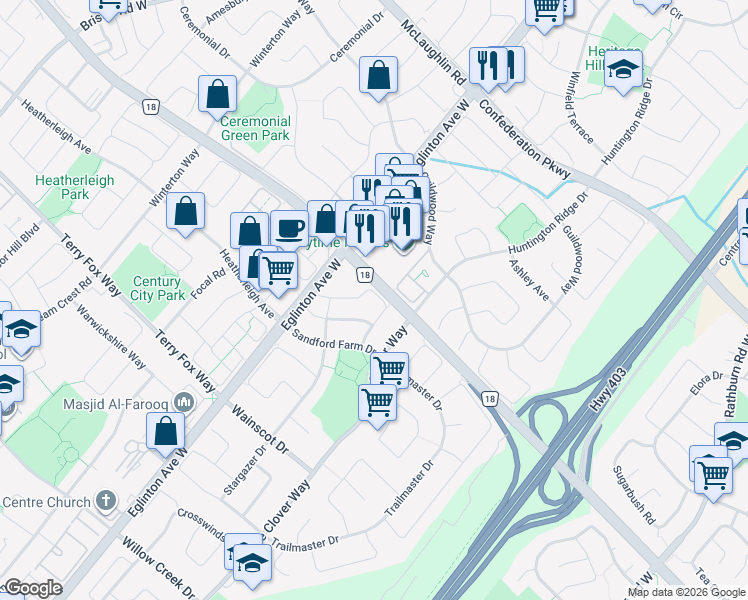 map of restaurants, bars, coffee shops, grocery stores, and more near 4920 Mavis Road in Mississauga