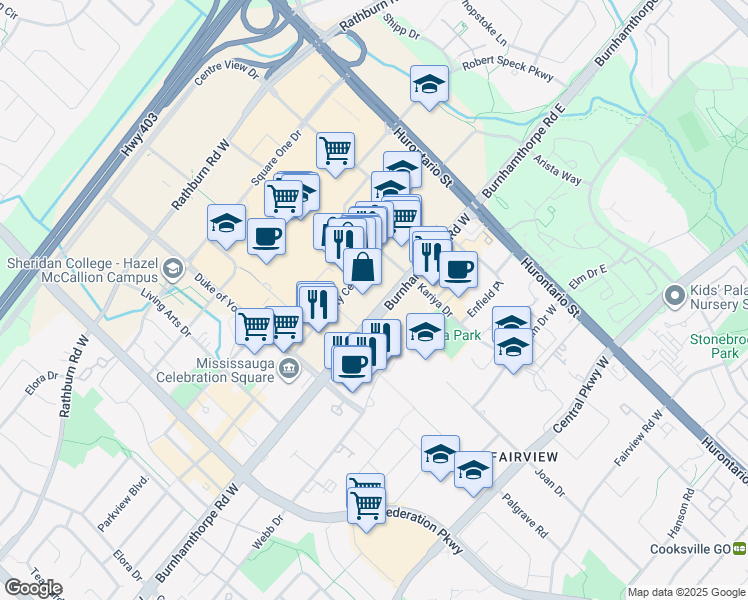 map of restaurants, bars, coffee shops, grocery stores, and more near 2 Erskine Road in Mississauga