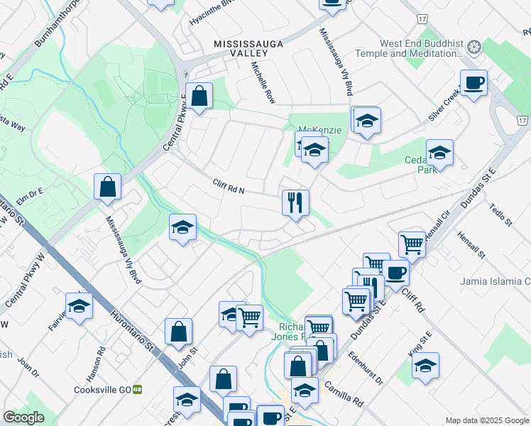 map of restaurants, bars, coffee shops, grocery stores, and more near 3240 Trisha Downs in Mississauga
