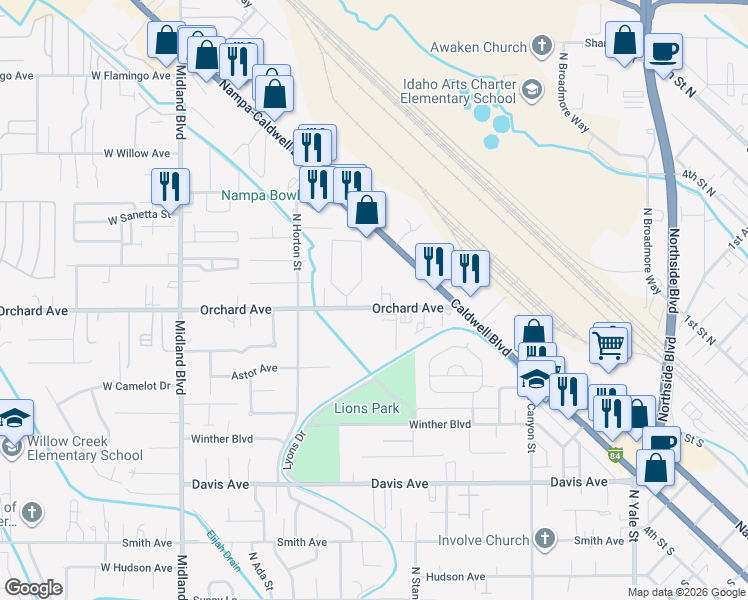 map of restaurants, bars, coffee shops, grocery stores, and more near 419 West Orchard Avenue in Nampa