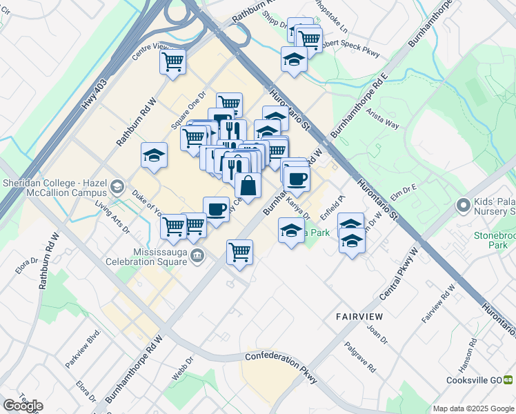 map of restaurants, bars, coffee shops, grocery stores, and more near 2 Erskine Road in Mississauga