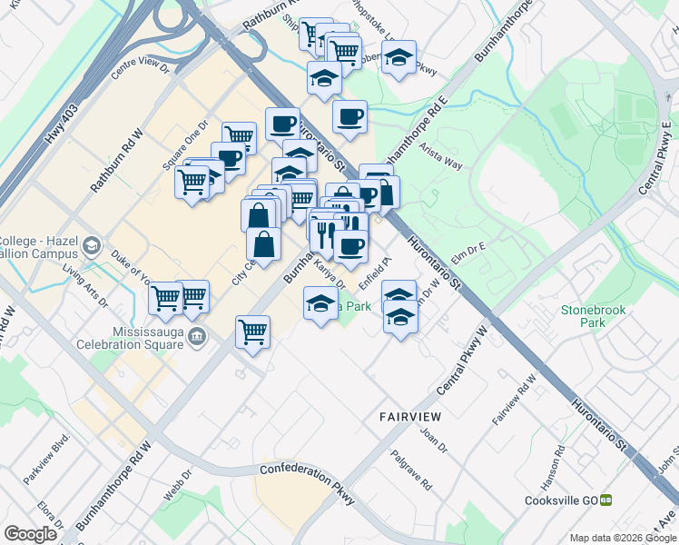 map of restaurants, bars, coffee shops, grocery stores, and more near 295 Enfield Place in Mississauga