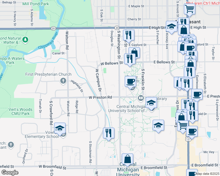 map of restaurants, bars, coffee shops, grocery stores, and more near in Mount Pleasant
