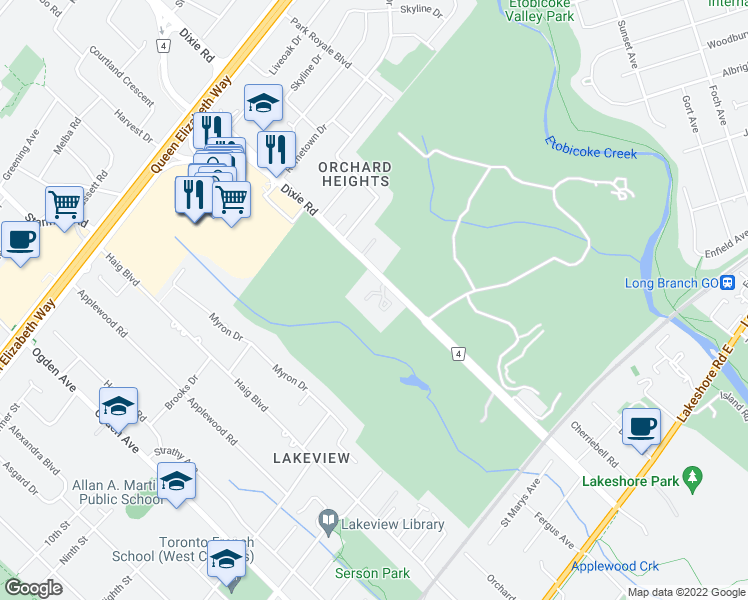 map of restaurants, bars, coffee shops, grocery stores, and more near 1392 Peel Regional Road 4 in Mississauga