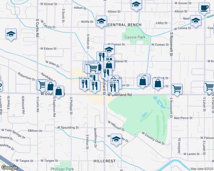 map of restaurants, bars, coffee shops, grocery stores, and more near 5050 West Overland Road in Boise