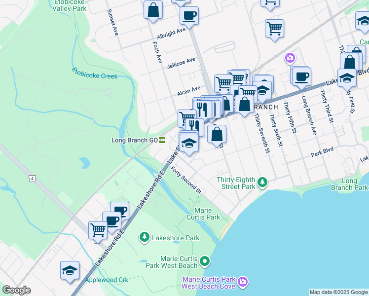 map of restaurants, bars, coffee shops, grocery stores, and more near 3845 Lake Shore Boulevard West in Toronto