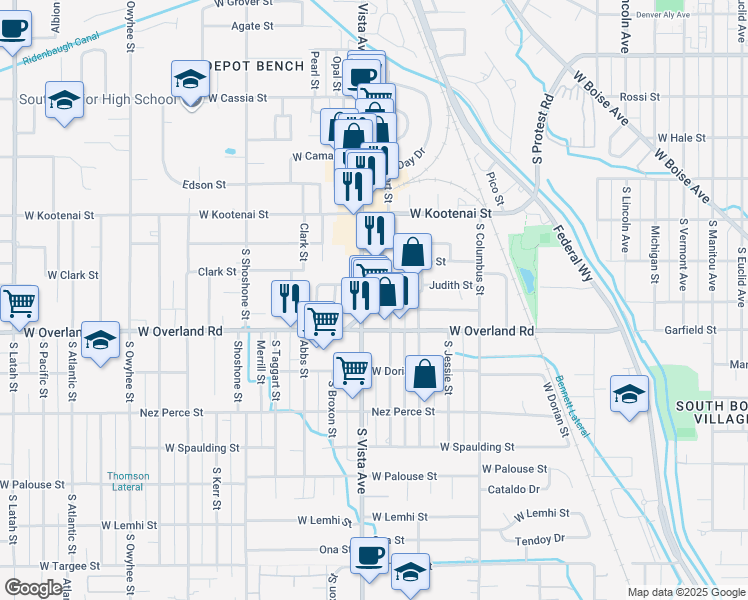 map of restaurants, bars, coffee shops, grocery stores, and more near 1401 Robert Street in Boise