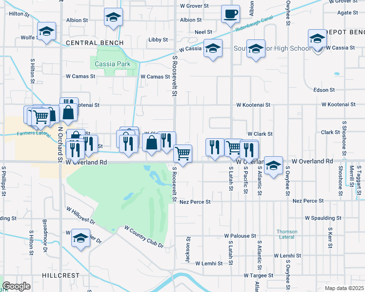 map of restaurants, bars, coffee shops, grocery stores, and more near 1400 South Roosevelt Street in Boise