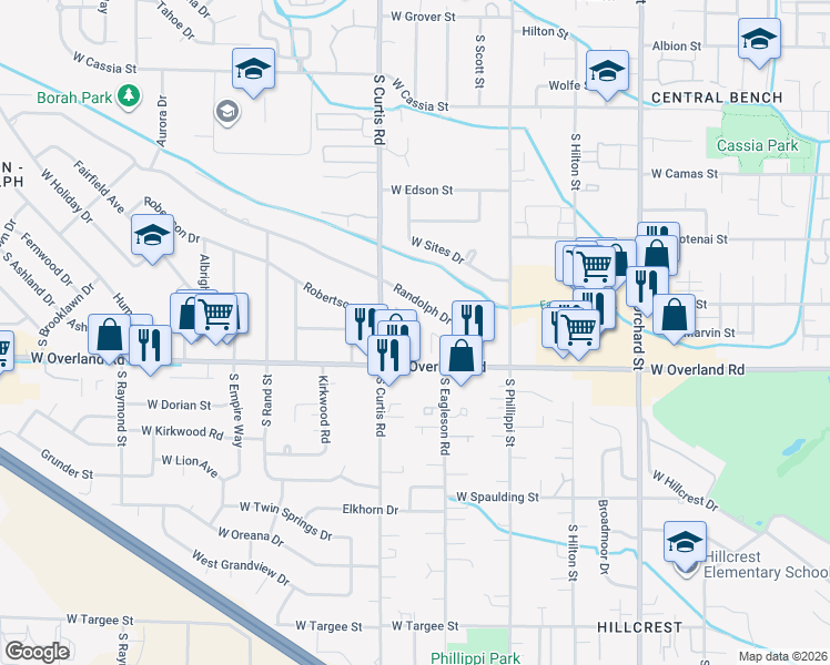 map of restaurants, bars, coffee shops, grocery stores, and more near 5740 Marvin Lane in Boise