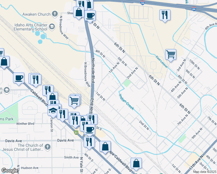map of restaurants, bars, coffee shops, grocery stores, and more near 200 1st Avenue North in Nampa