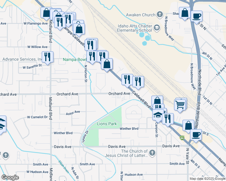 map of restaurants, bars, coffee shops, grocery stores, and more near 401 Caldwell Boulevard in Nampa