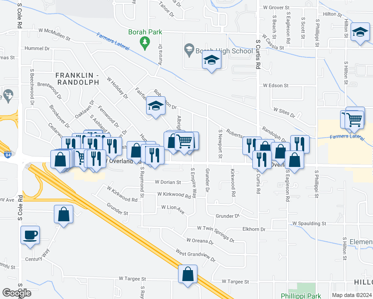 map of restaurants, bars, coffee shops, grocery stores, and more near 6225 Marvin Street in Boise