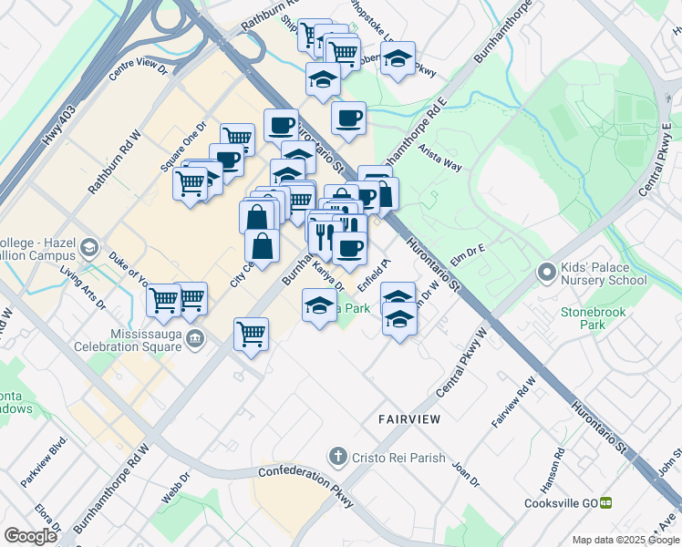 map of restaurants, bars, coffee shops, grocery stores, and more near 265 Enfield Place in Mississauga