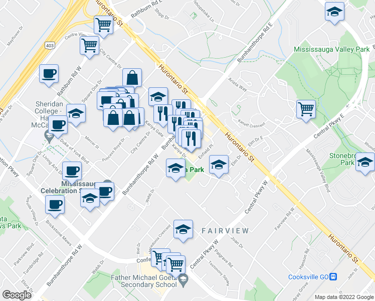map of restaurants, bars, coffee shops, grocery stores, and more near 50 Burnhamthorpe Road West in Mississauga