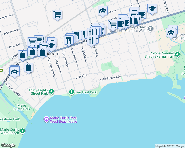map of restaurants, bars, coffee shops, grocery stores, and more near 21 Park Boulevard in Toronto