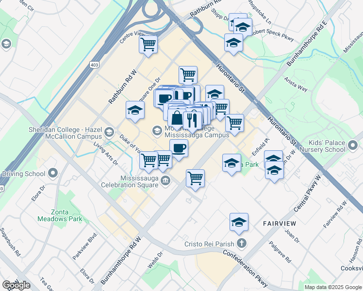 map of restaurants, bars, coffee shops, grocery stores, and more near 4050 The Exchange in Mississauga