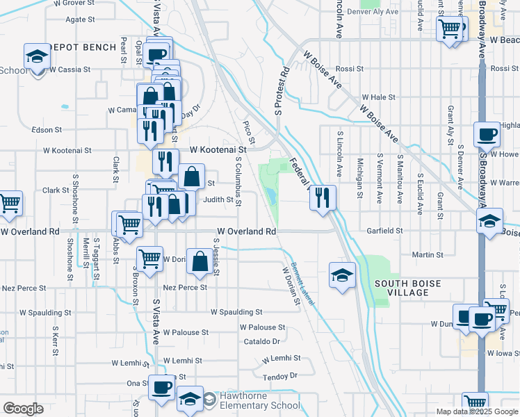 map of restaurants, bars, coffee shops, grocery stores, and more near 1424 Loveland Street in Boise
