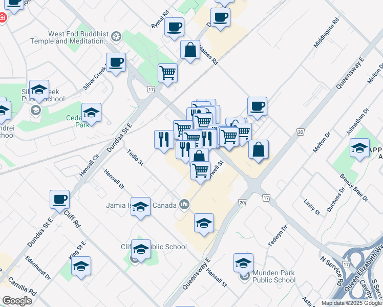 map of restaurants, bars, coffee shops, grocery stores, and more near in Mississauga