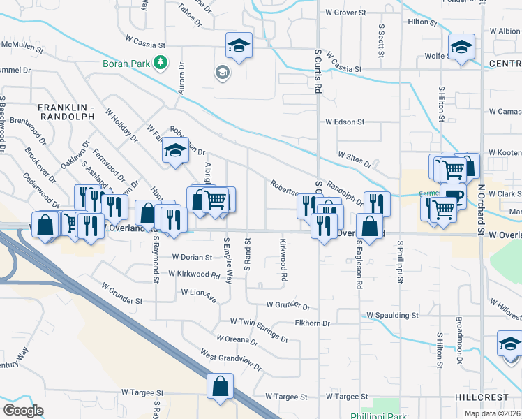 map of restaurants, bars, coffee shops, grocery stores, and more near 1407 South Newport Street in Boise