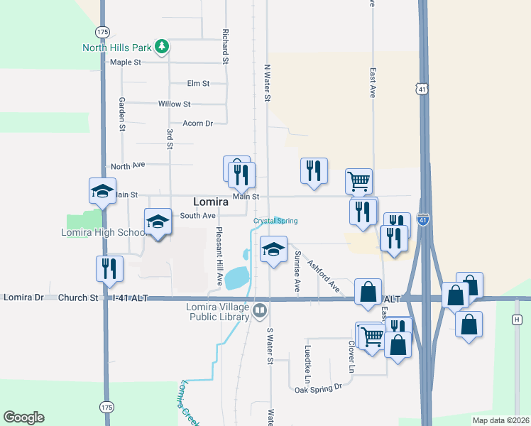 map of restaurants, bars, coffee shops, grocery stores, and more near 705 South Water Street in Lomira