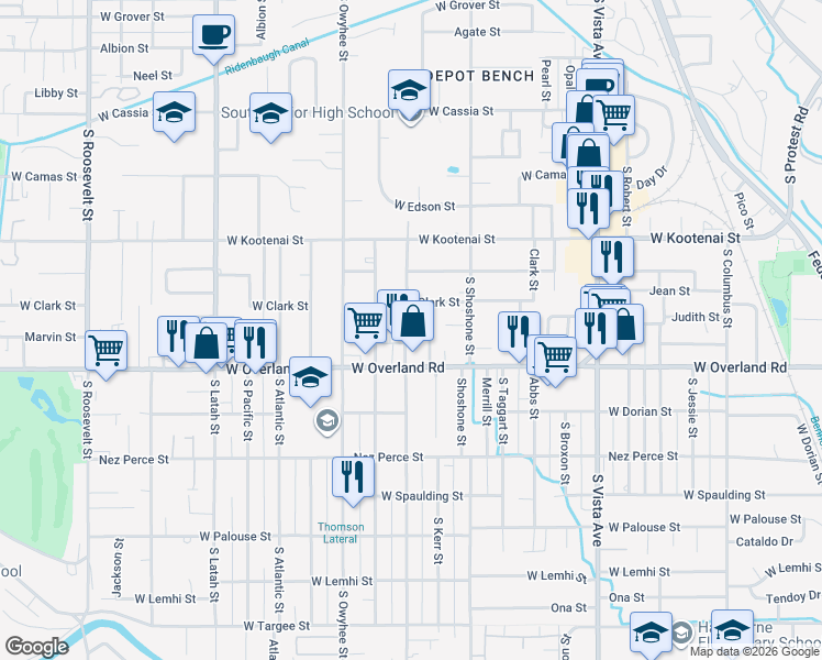 map of restaurants, bars, coffee shops, grocery stores, and more near 1403 South Hervey Street in Boise