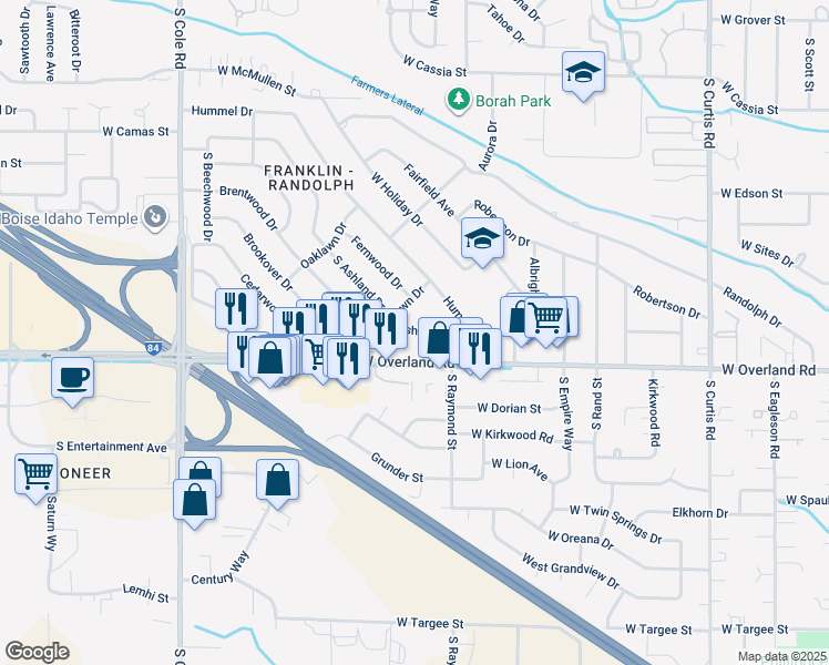 map of restaurants, bars, coffee shops, grocery stores, and more near 1408 South Brooklawn Drive in Boise