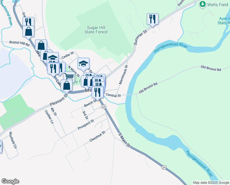 map of restaurants, bars, coffee shops, grocery stores, and more near 46 Merrimack Street in Bristol