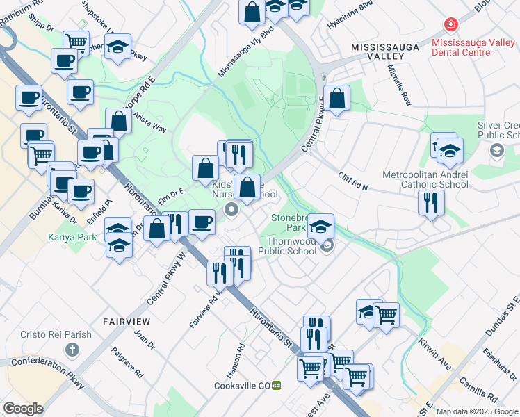 map of restaurants, bars, coffee shops, grocery stores, and more near in Mississauga
