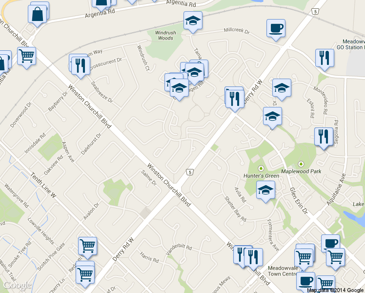 map of restaurants, bars, coffee shops, grocery stores, and more near 7430 Copenhagen Road in Mississauga