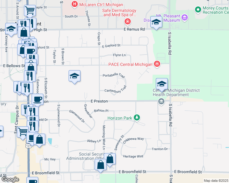 map of restaurants, bars, coffee shops, grocery stores, and more near 1517 Canterbury Trail in Mount Pleasant